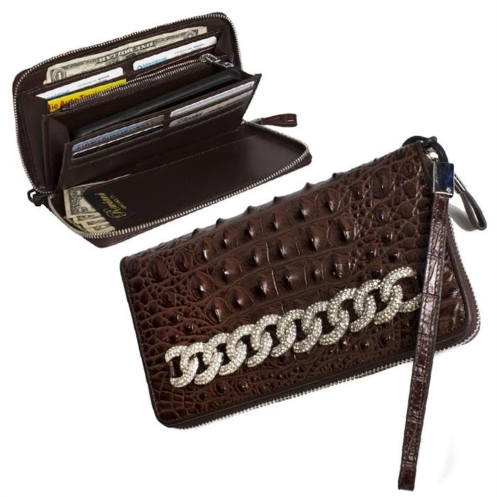 Raviani Brown Croc Crystal Leather Wristlet/Wallet